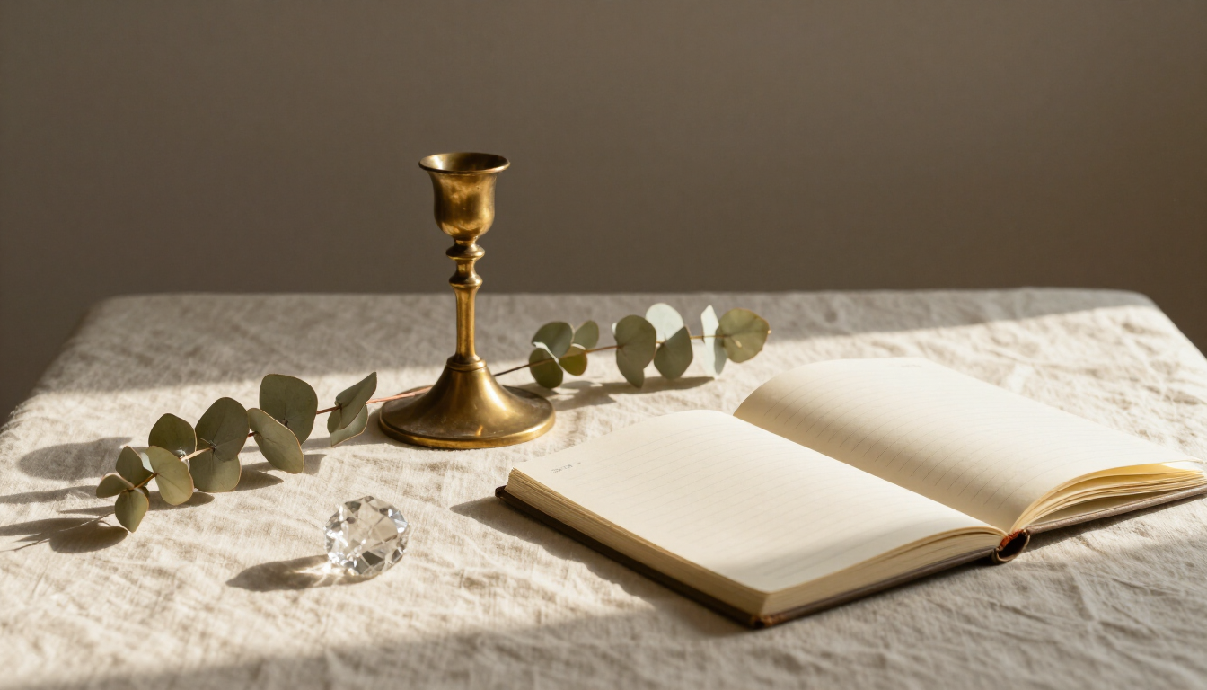 Nature morte : bougie en laiton, eucalyptus séché et carnet ouvert